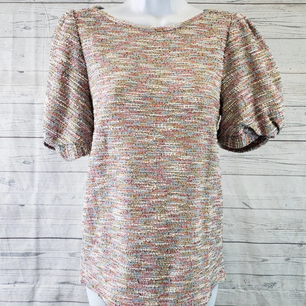 LOFT Ann Taylor Colorful Tweed Short Twist Sleeve Knit Top - Casual Workwear - Picture 4 of 14